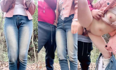 痴女と彼女のセックスフレンドは森の中で情熱的なセックスをし、コンドームなしで立ってファックした