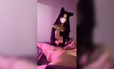 Foot control footjob-cat girl wears black fishnet stockings, licks feet and gives footjob to cum_1