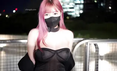 ❤️小小Q｜羞耻露出_LED项圈黑色透视洋装_街道极限露出
