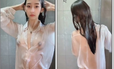 Bony sexy goddess cat, alone at home bored, wearing a transparent shirt shower, as if hibiscus out of the water, fuming look is so charming .