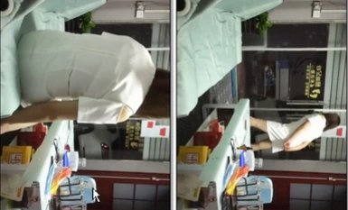 新しいフィルムエクスプレス "村のヘルスホール "店の前に制服のストッキングに身を包んだ上司は、店のマッサージに通行人を誘惑するために踊っている密かに撮影した。