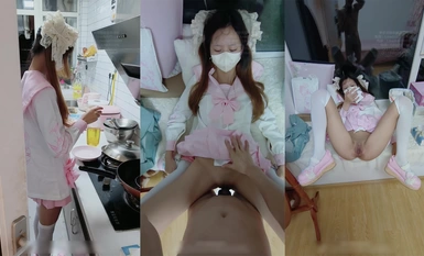 淫慾反差美少女【軟軟兔Lt774523412】粉粉小廚娘做飯時被爸爸抱腰後入，小白襪瑪麗珍鞋 超可愛的LO裙小女僕，又是被主人中出的一天