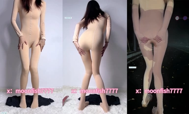 推特moonfish7777 肉色連體衣戶外馬路自玩